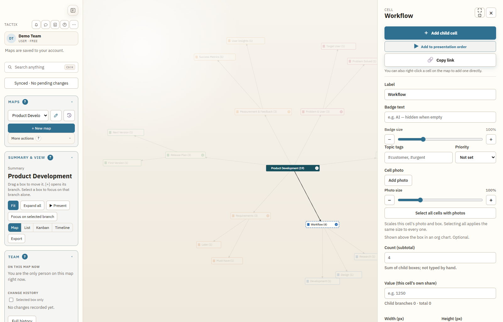 TACTIX cell details and task workspace